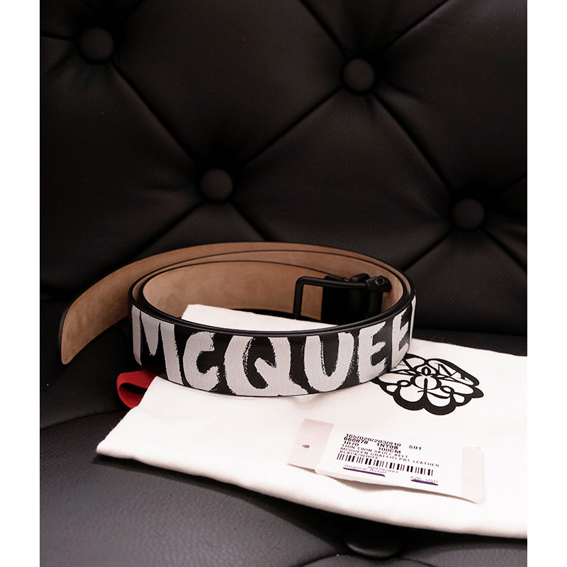 sz 100/40 NEW $620 ALEXANDER MCQUEEN Mens Black Leather GRAFFITI TWIN SKULL BELT