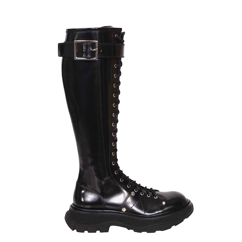 36.5, 37, 37.5, 38 NEW $1390 ALEXANDER MCQUEEN RUNWAY Black Glossy Leather Knee COMBAT BOOTS