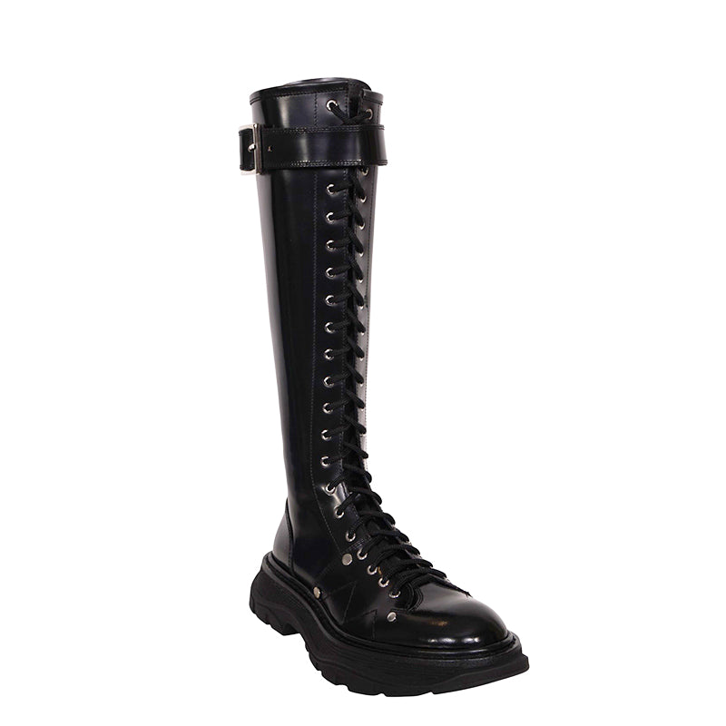 36.5, 37, 37.5, 38 NEW $1390 ALEXANDER MCQUEEN RUNWAY Black Glossy Leather Knee COMBAT BOOTS