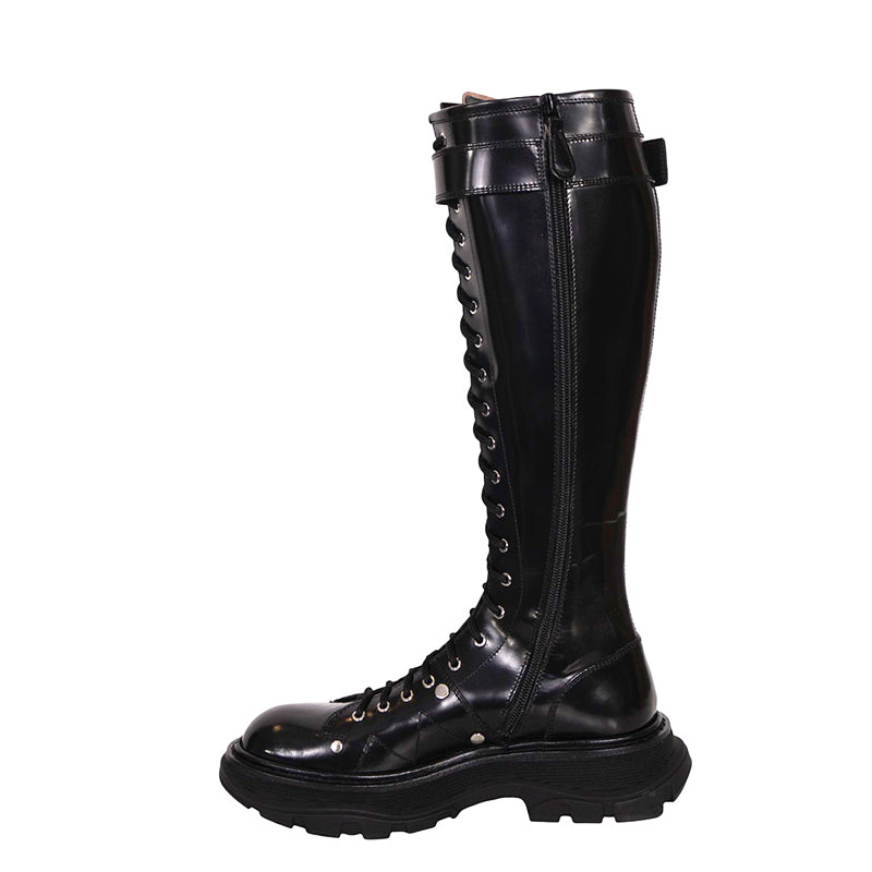 36.5, 37, 37.5, 38 NEW $1390 ALEXANDER MCQUEEN RUNWAY Black Glossy Leather Knee COMBAT BOOTS