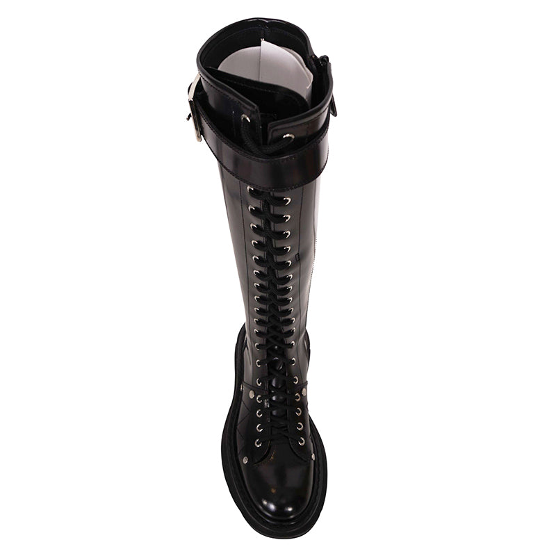 36.5, 37, 37.5, 38 NEW $1390 ALEXANDER MCQUEEN RUNWAY Black Glossy Leather Knee COMBAT BOOTS