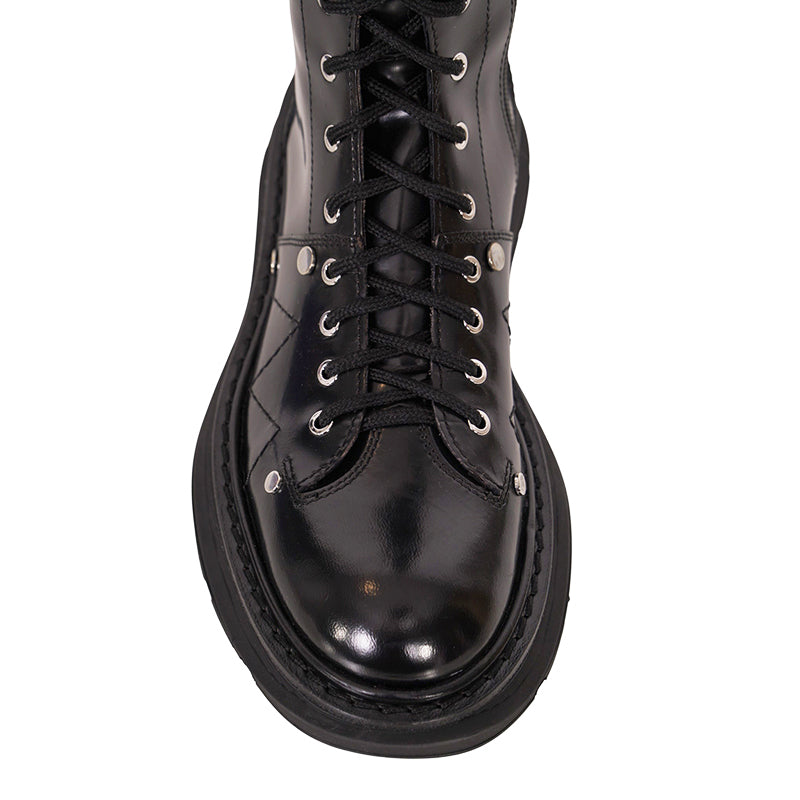 36.5, 37, 37.5, 38 NEW $1390 ALEXANDER MCQUEEN RUNWAY Black Glossy Leather Knee COMBAT BOOTS