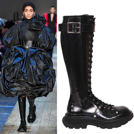 36.5, 37, 37.5, 38 NEW $1390 ALEXANDER MCQUEEN RUNWAY Black Glossy Leather Knee COMBAT BOOTS