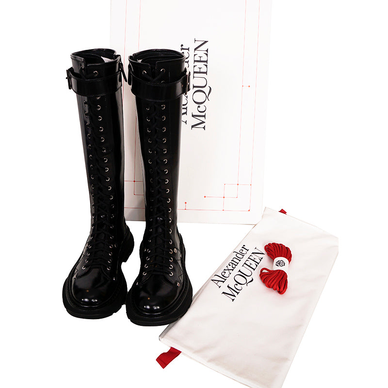 36.5, 37, 37.5, 38 NEW $1390 ALEXANDER MCQUEEN RUNWAY Black Glossy Leather Knee COMBAT BOOTS