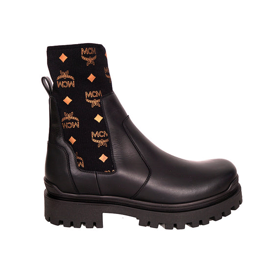 45 US 12 NEW $750 MCM Men Black Leather Cognac LOGO MONOGRAM Knit Chelsea BOOTS