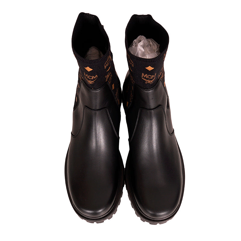 45 US 12 NEW $750 MCM Men Black Leather Cognac LOGO MONOGRAM Knit Chelsea BOOTS