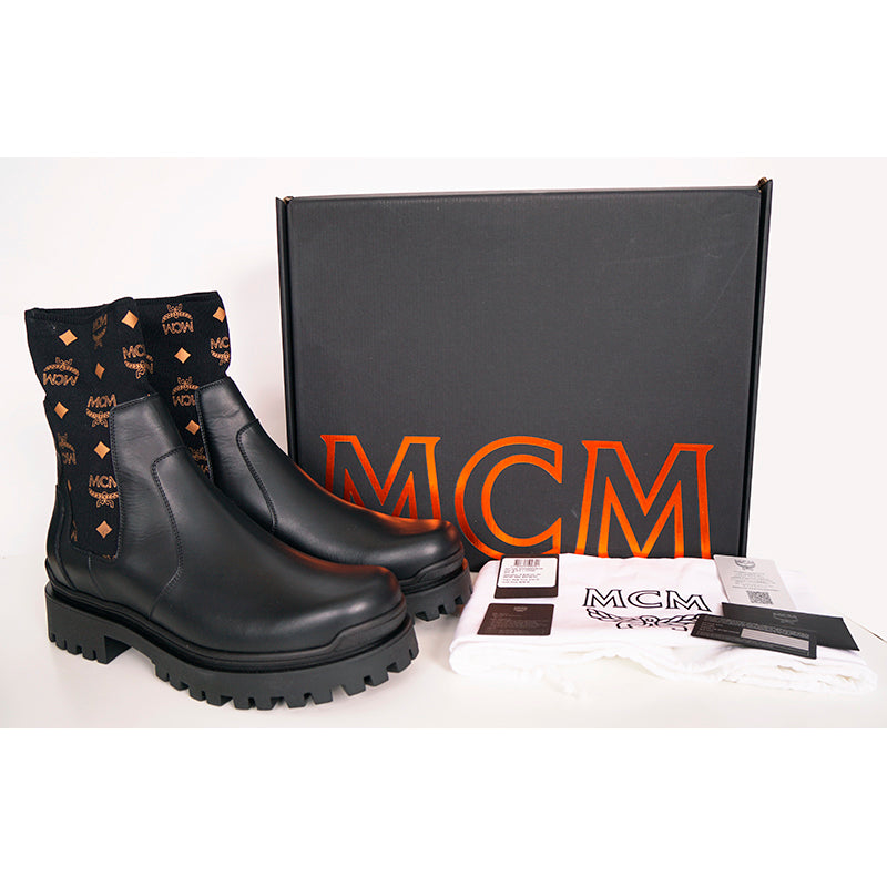 45 US 12 NEW $750 MCM Men Black Leather Cognac LOGO MONOGRAM Knit Chelsea BOOTS
