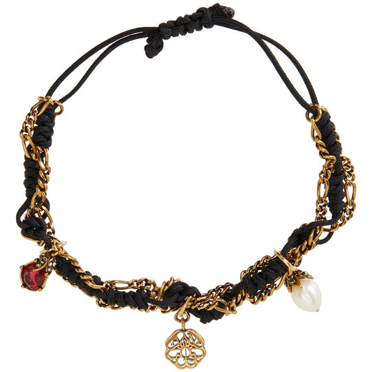NEW $350 ALEXANDER MCQUEEN Black Cord Ribbon Chain FRIENDSHIP CHARM BRACELET NIB