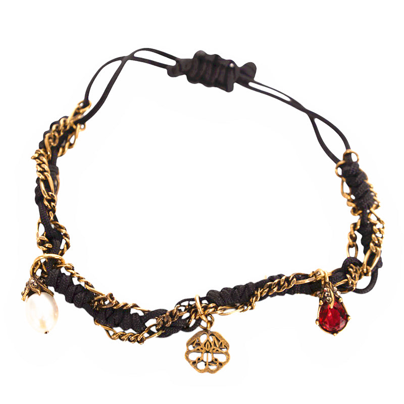 NEW $350 ALEXANDER MCQUEEN Black Cord Ribbon Chain FRIENDSHIP CHARM BRACELET NIB