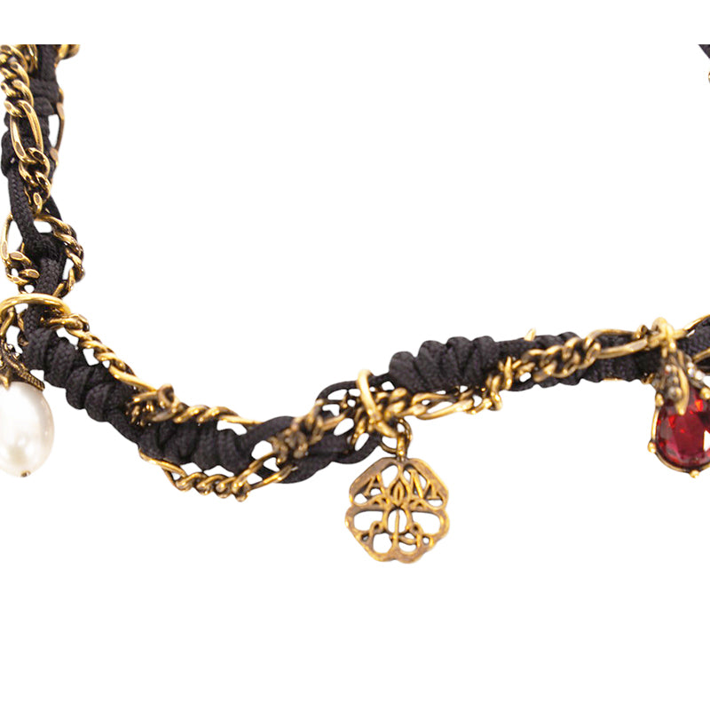 NEW $350 ALEXANDER MCQUEEN Black Cord Ribbon Chain FRIENDSHIP CHARM BRACELET NIB