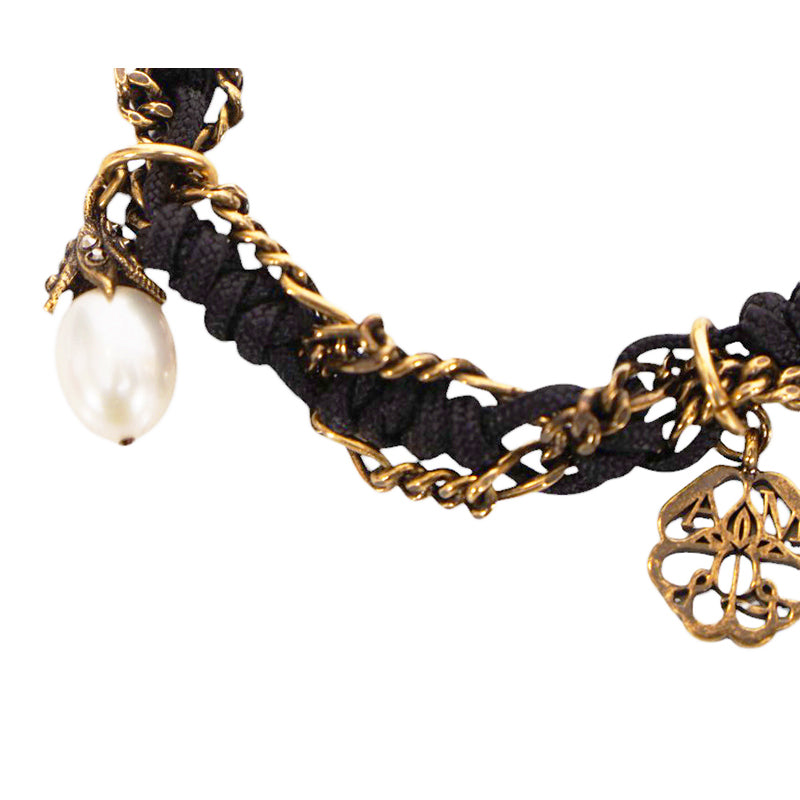 NEW $350 ALEXANDER MCQUEEN Black Cord Ribbon Chain FRIENDSHIP CHARM BRACELET NIB