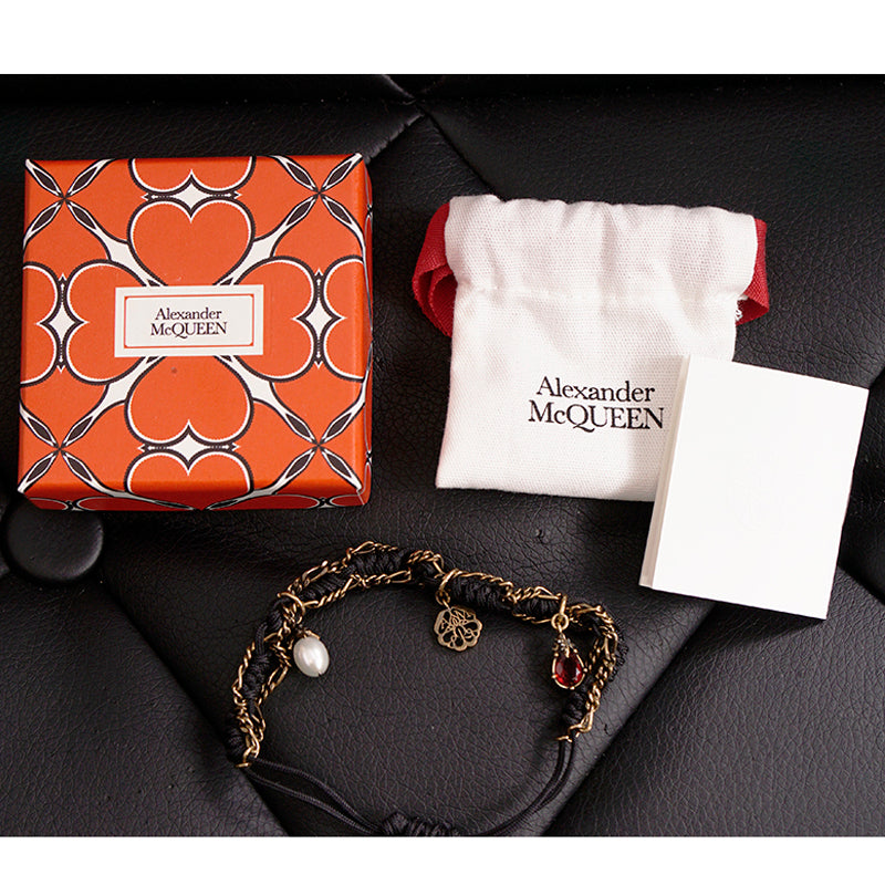 NEW $350 ALEXANDER MCQUEEN Black Cord Ribbon Chain FRIENDSHIP CHARM BRACELET NIB