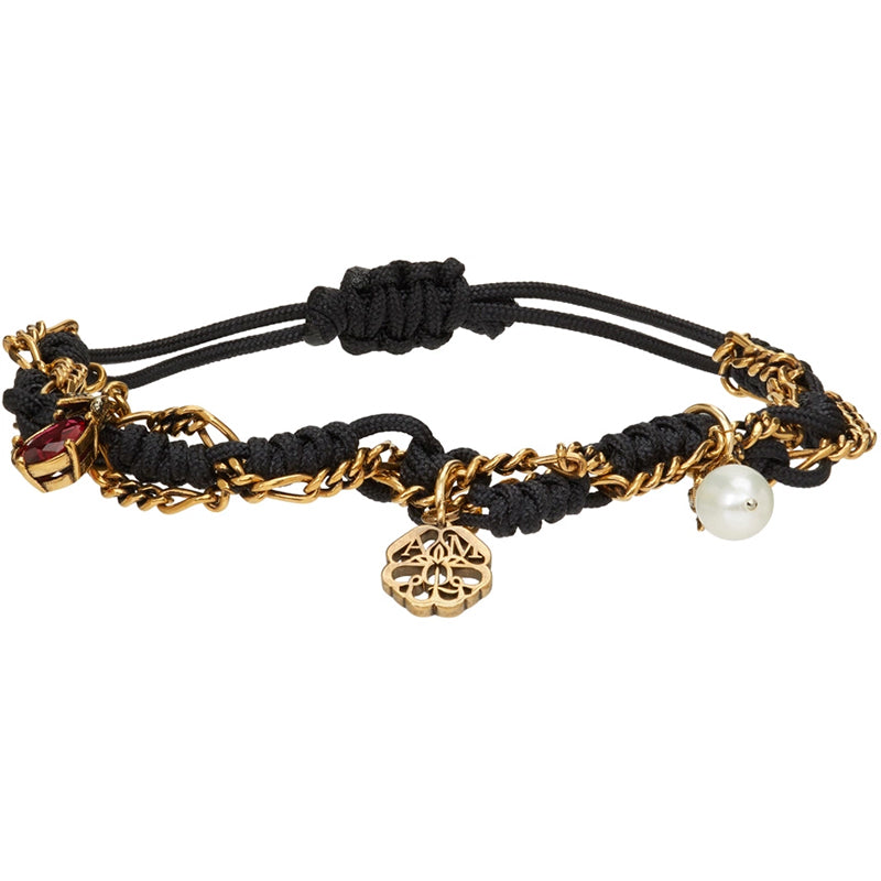 NEW $350 ALEXANDER MCQUEEN Black Cord Ribbon Chain FRIENDSHIP CHARM BRACELET NIB