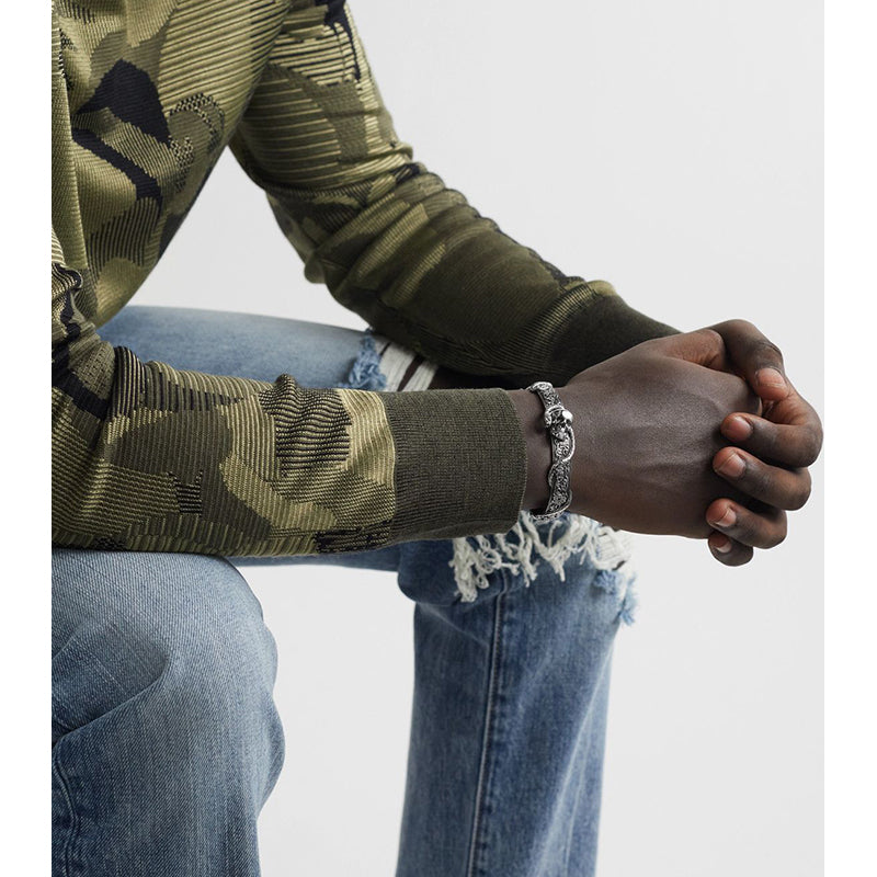 M NEW $450 ALEXANDER MCQUEEN Silver Tone Brass SKULL SNAKE Floral CUFF BRACELET
