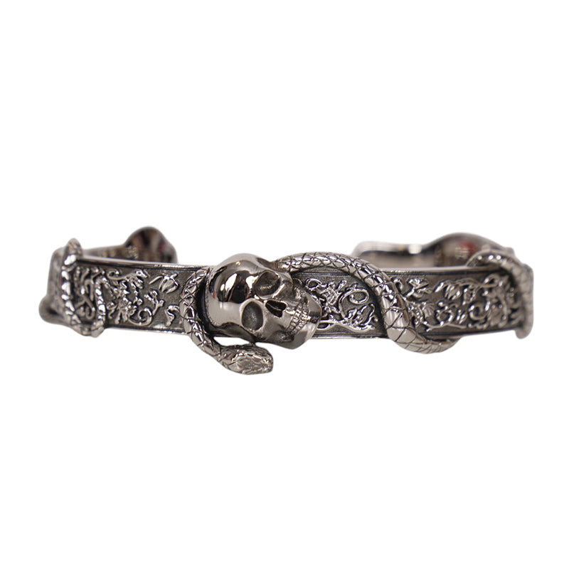 M NEW $450 ALEXANDER MCQUEEN Silver Tone Brass SKULL SNAKE Floral CUFF BRACELET