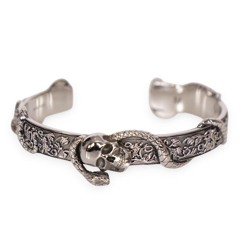 M NEW $450 ALEXANDER MCQUEEN Silver Tone Brass SKULL SNAKE Floral CUFF BRACELET