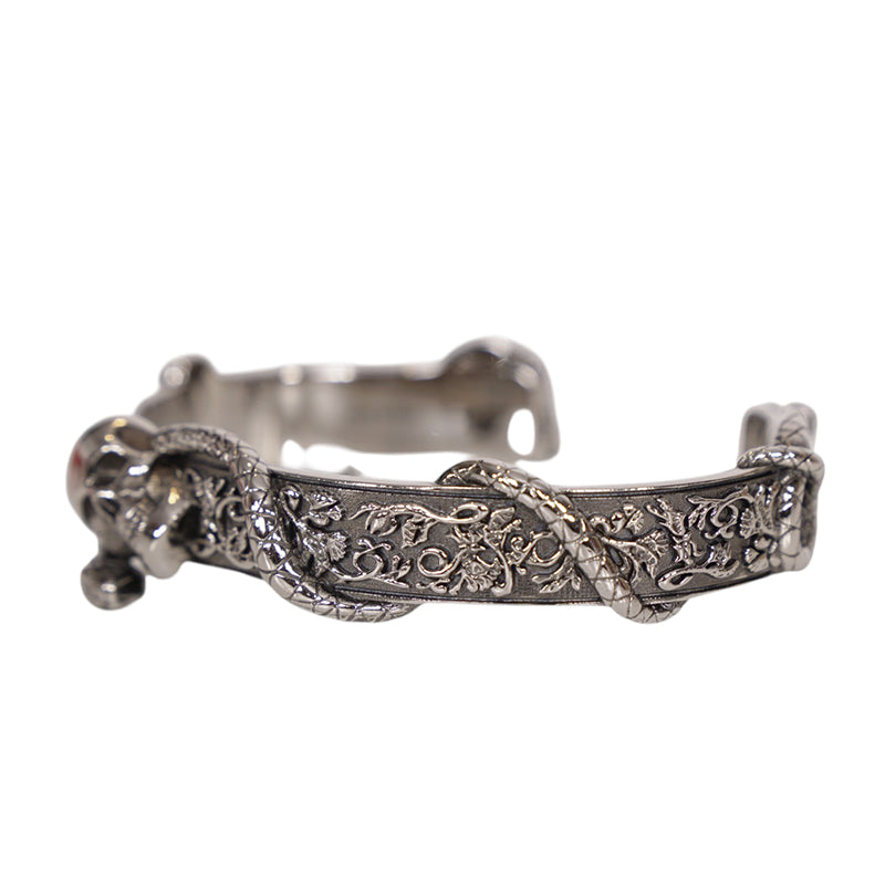 M NEW $450 ALEXANDER MCQUEEN Silver Tone Brass SKULL SNAKE Floral CUFF BRACELET
