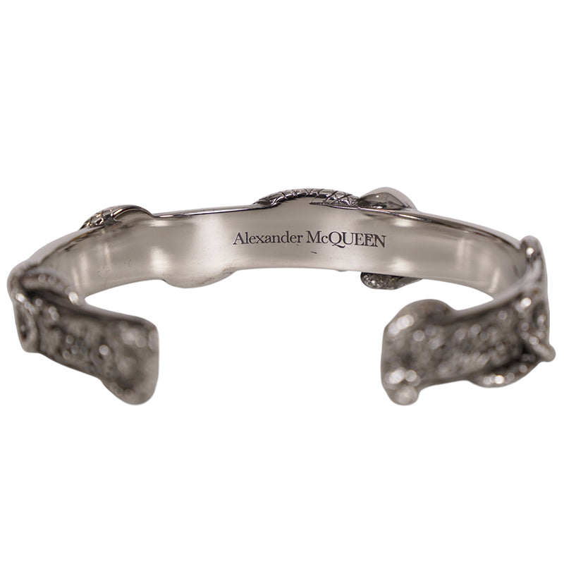 M NEW $450 ALEXANDER MCQUEEN Silver Tone Brass SKULL SNAKE Floral CUFF BRACELET