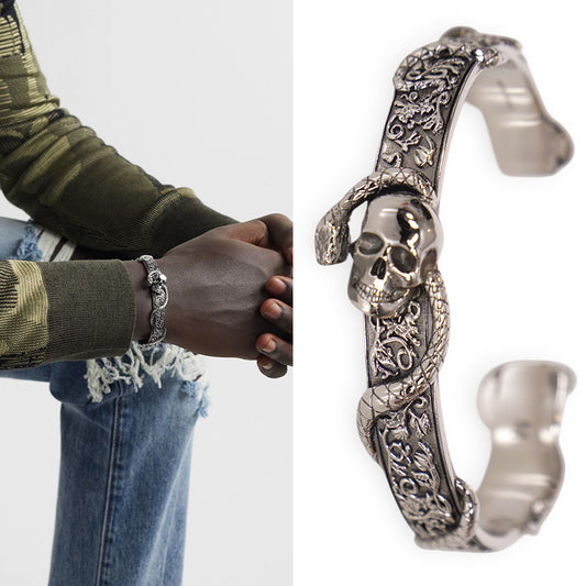 M NEW $450 ALEXANDER MCQUEEN Silver Tone Brass SKULL SNAKE Floral CUFF BRACELET
