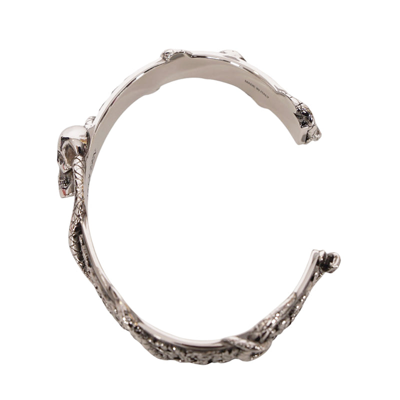 M NEW $450 ALEXANDER MCQUEEN Silver Tone Brass SKULL SNAKE Floral CUFF BRACELET