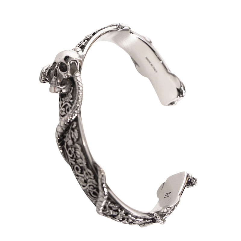 M NEW $450 ALEXANDER MCQUEEN Silver Tone Brass SKULL SNAKE Floral CUFF BRACELET