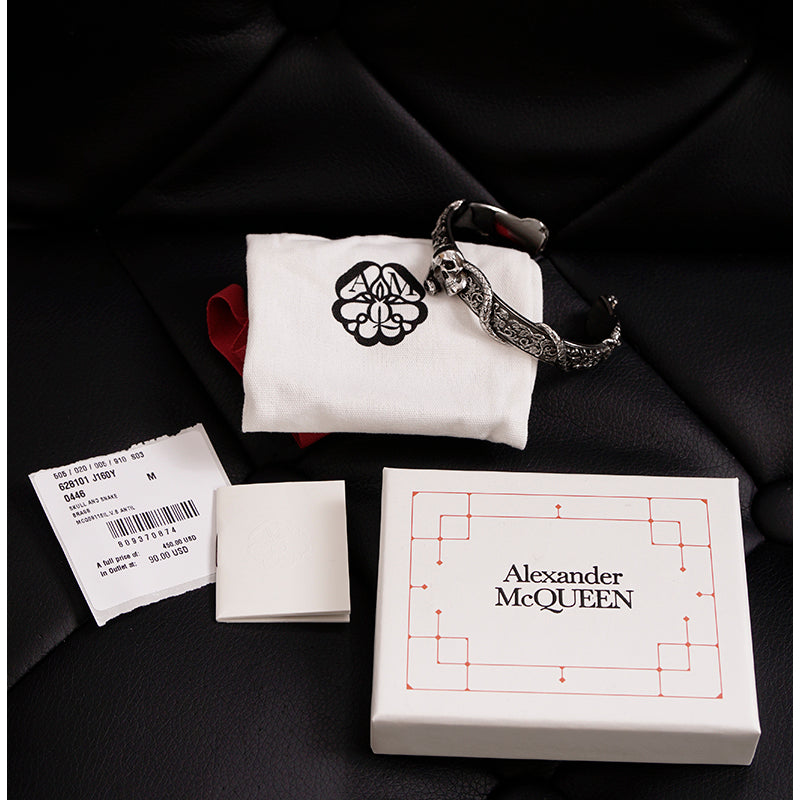 M NEW $450 ALEXANDER MCQUEEN Silver Tone Brass SKULL SNAKE Floral CUFF BRACELET