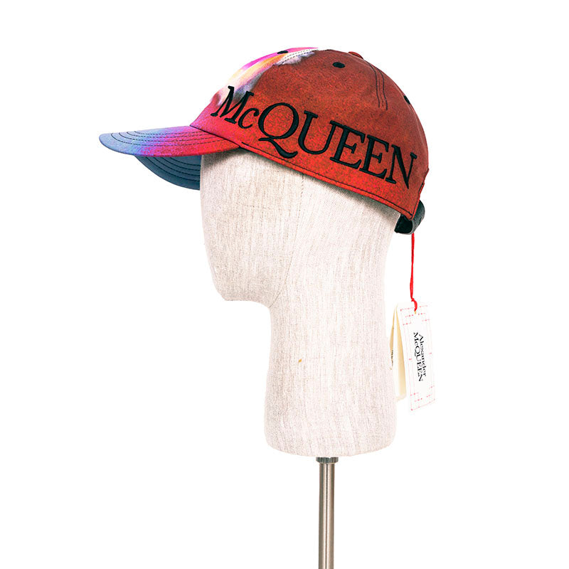 sz M NEW $450 ALEXANDER MCQUEEN Tie Dye Bordeaux LUMINOUS FLOWER Logo BALL CAP