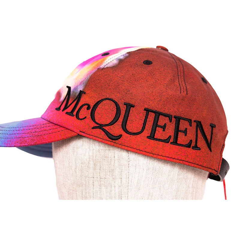 sz M NEW $450 ALEXANDER MCQUEEN Tie Dye Bordeaux LUMINOUS FLOWER Logo BALL CAP