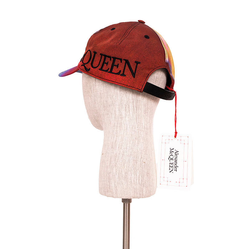 sz M NEW $450 ALEXANDER MCQUEEN Tie Dye Bordeaux LUMINOUS FLOWER Logo BALL CAP