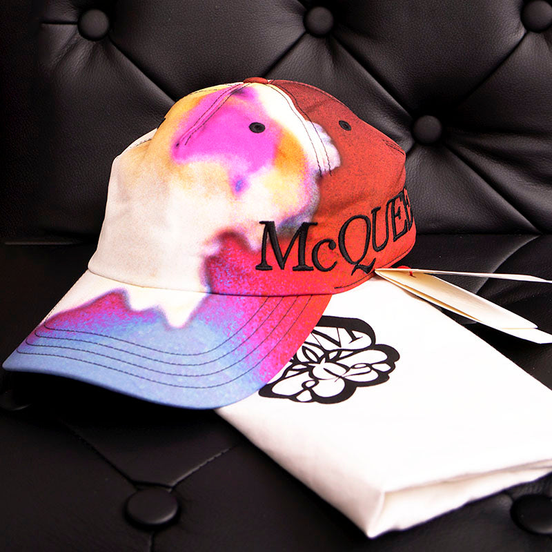 sz M NEW $450 ALEXANDER MCQUEEN Tie Dye Bordeaux LUMINOUS FLOWER Logo BALL CAP