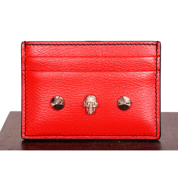 NEW $320 ALEXANDER MCQUEEN Red Leather SKULL & SPIKE STUDDED Wallet CARD CASE