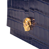 NEW $990 ALEXANDER MCQUEEN Midnight Blue CROC EMBOSSED Leather SKULL Chain BAG