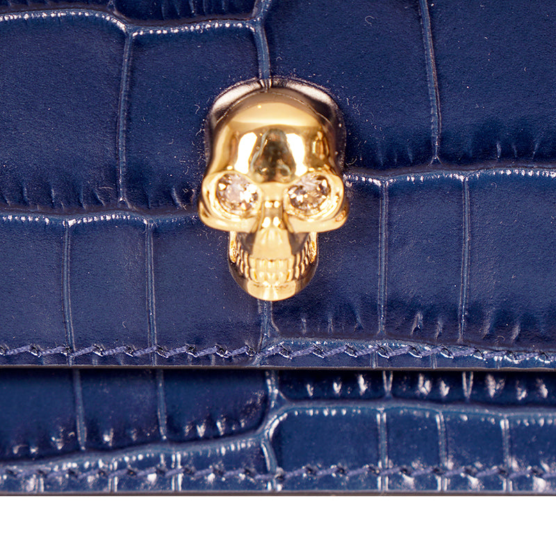 NEW $990 ALEXANDER MCQUEEN Midnight Blue CROC EMBOSSED Leather SKULL Chain BAG