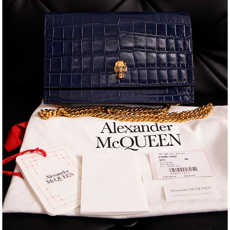 NEW $990 ALEXANDER MCQUEEN Midnight Blue CROC EMBOSSED Leather SKULL Chain BAG