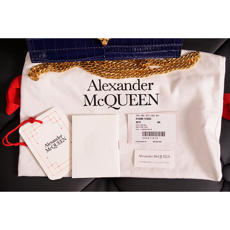 NEW $990 ALEXANDER MCQUEEN Midnight Blue CROC EMBOSSED Leather SKULL Chain BAG