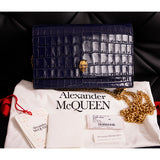 NEW $990 ALEXANDER MCQUEEN Midnight Blue CROC EMBOSSED Leather SKULL Chain BAG