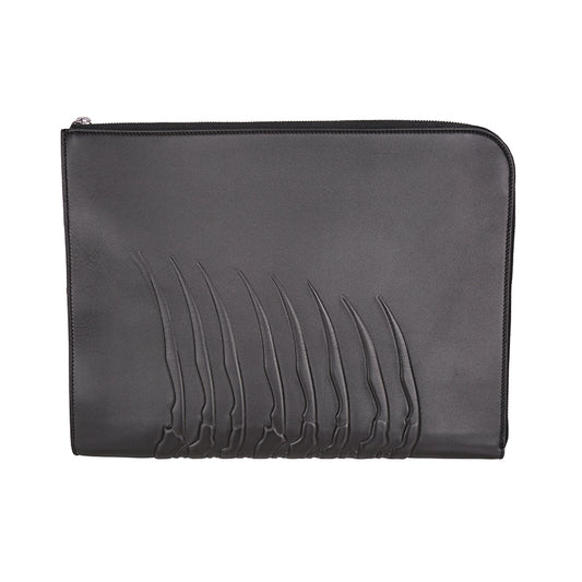 NEW $990 ALEXANDER MCQUEEN Black Leather RIB CAGE SPINE Document Case CLUTCH BAG
