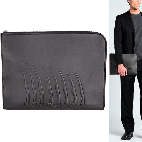 NEW $990 ALEXANDER MCQUEEN Black Leather RIB CAGE SPINE Document Case CLUTCH BAG