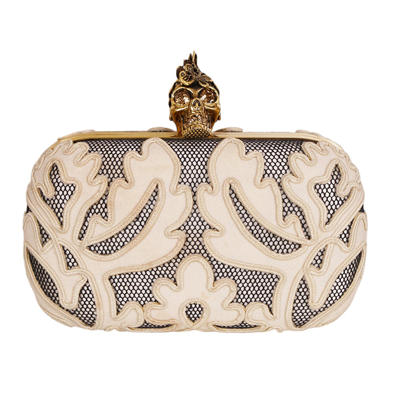 Vintage 2013 ALEXANDER MCQUEEN Ivory Appliqué Mesh GOLD LACE SKULL CLUTCH Sac