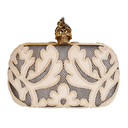 Vintage 2013 ALEXANDER MCQUEEN Ivory Appliqué Mesh GOLD LACE SKULL CLUTCH Sac