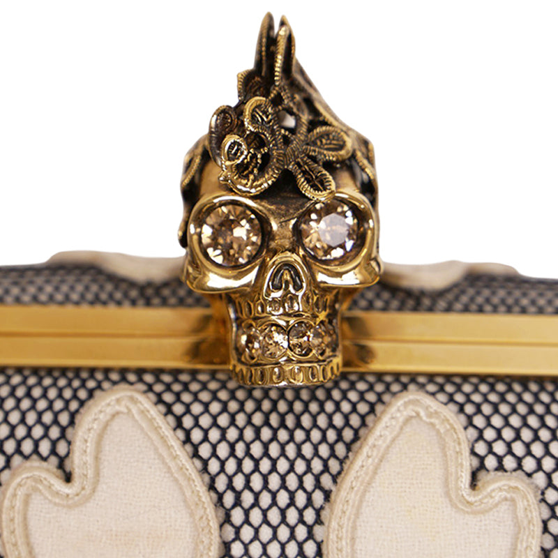 Vintage 2013 ALEXANDER MCQUEEN Ivory Appliqué Mesh GOLD LACE SKULL CLUTCH Sac