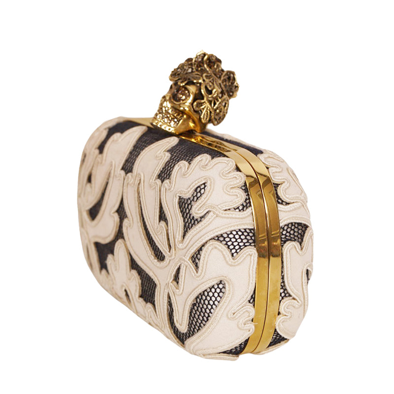 Vintage 2013 ALEXANDER MCQUEEN Ivory Appliqué Mesh GOLD LACE SKULL CLUTCH Sac