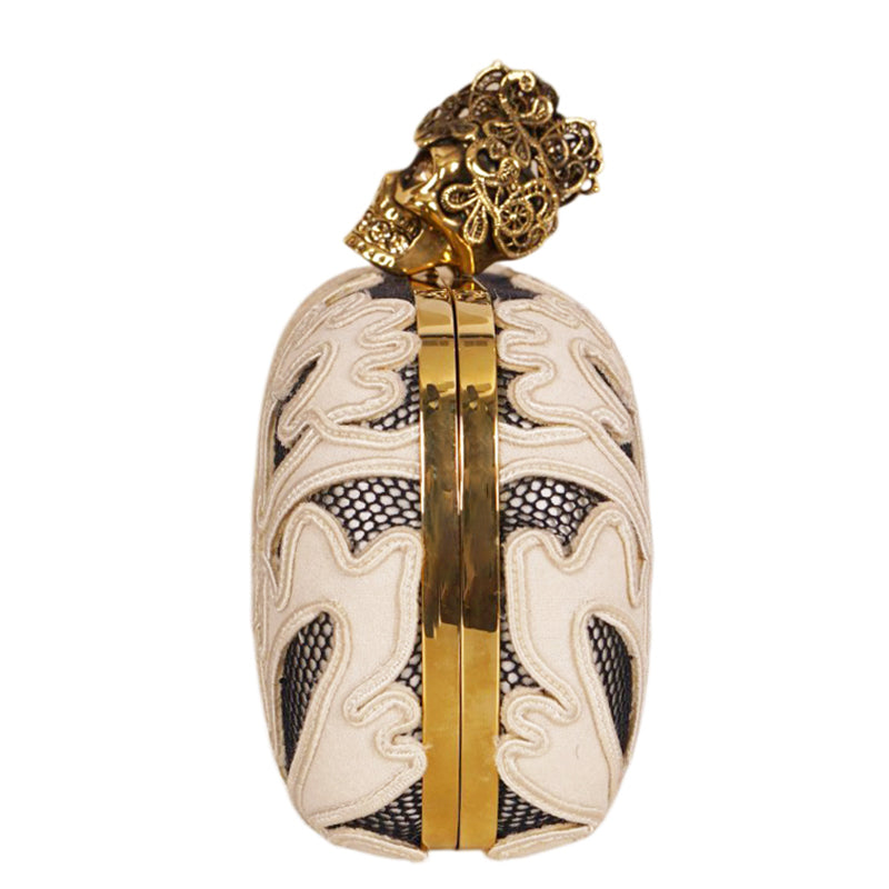 Vintage 2013 ALEXANDER MCQUEEN Ivory Appliqué Mesh GOLD LACE SKULL CLUTCH Sac