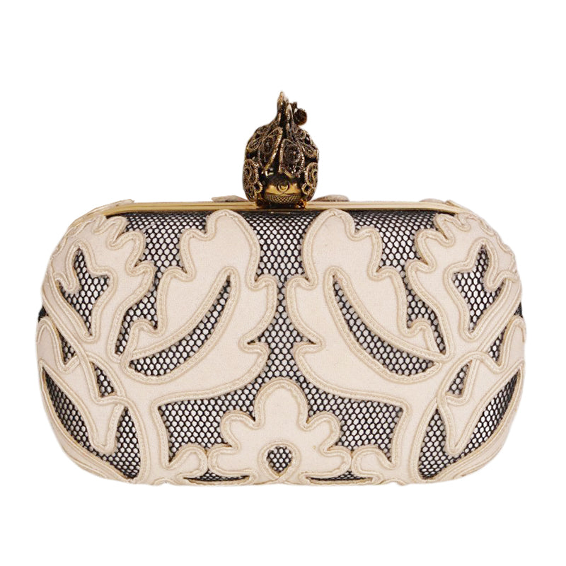 Vintage 2013 ALEXANDER MCQUEEN Ivory Appliqué Mesh GOLD LACE SKULL CLUTCH Sac