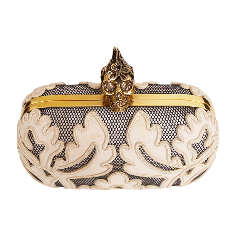 Vintage 2013 ALEXANDER MCQUEEN Ivory Appliqué Mesh GOLD LACE SKULL CLUTCH Sac