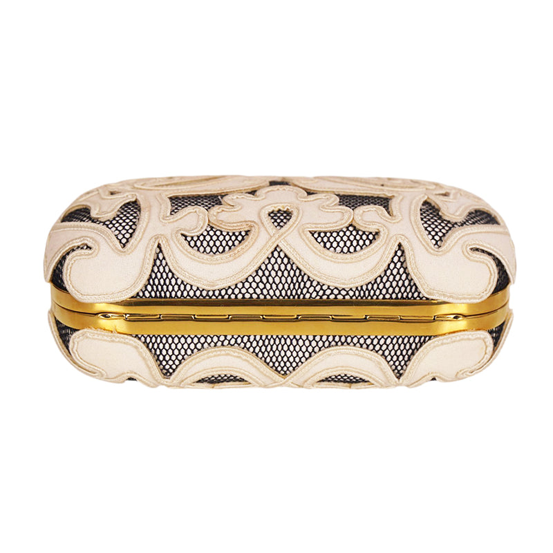 Vintage 2013 ALEXANDER MCQUEEN Ivory Appliqué Mesh GOLD LACE SKULL CLUTCH Sac