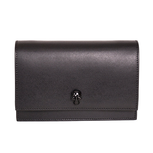 NEW $1190 ALEXANDER MCQUEEN Black Leather TONAL LOGO CRYSTAL SKULL Chain BAG NIB