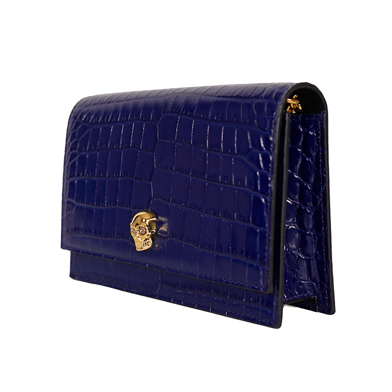 NEW $990 ALEXANDER MCQUEEN Midnight Blue CROC EMBOSSED Leather SKULL Chain BAG