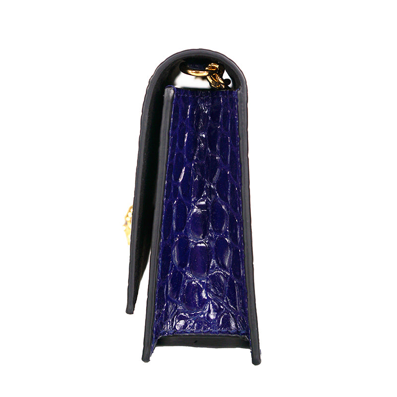 NEW $990 ALEXANDER MCQUEEN Midnight Blue CROC EMBOSSED Leather SKULL Chain BAG
