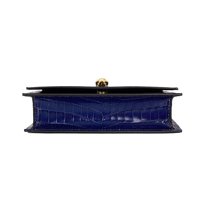 NEW $990 ALEXANDER MCQUEEN Midnight Blue CROC EMBOSSED Leather SKULL Chain BAG
